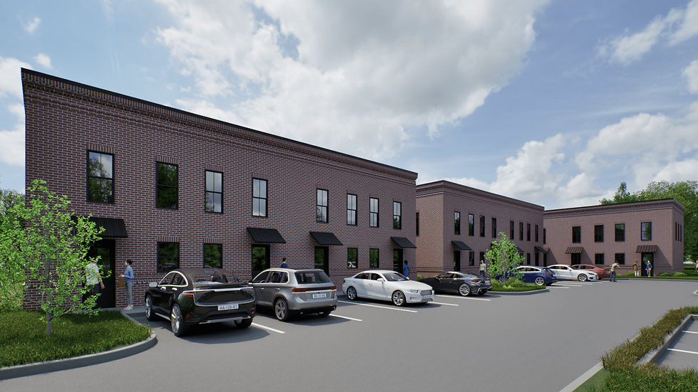 Architectural rendering of a U-shaped two-story brick townhouse complex surrounding a parking court.