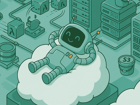 a robot relaxing on a cloud while AI does the work around it