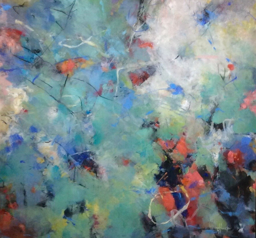 an abstract painting with primarily teal background and color bursts of blue, pink, black, and white