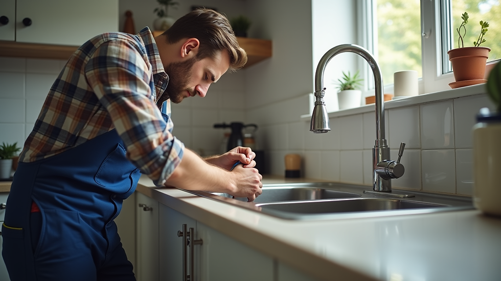 Eye-level view of a plumber fixing a kitchen sink in a home
