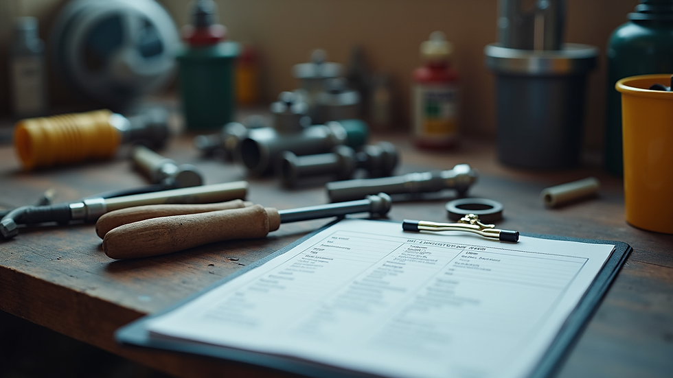 Close-up view of plumbing tools and a checklist on a workbench