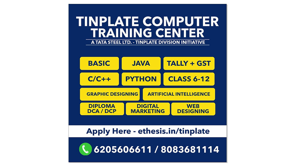 Tinplate Computer Training Center ad listing courses like Java, Python, AI, etc. Blue background, yellow highlights, contact info included.