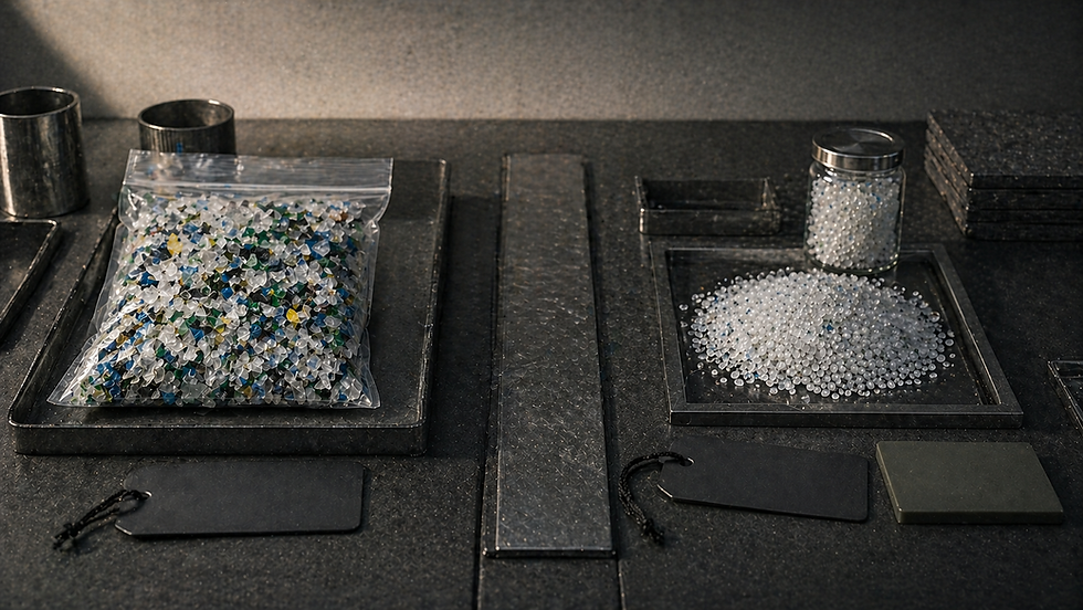 Side-by-side industrial material comparison showing recovered materials and recycled materials as different stages