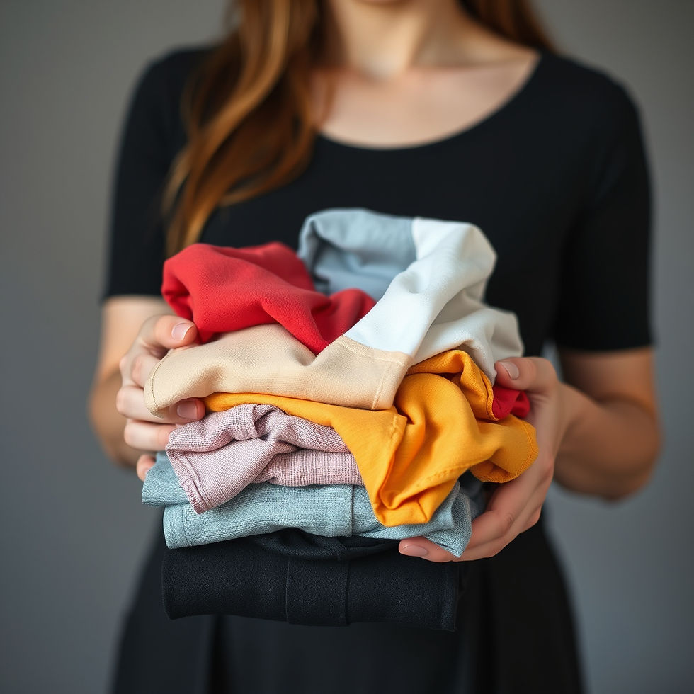 A woman holding a pile of dirty clothes