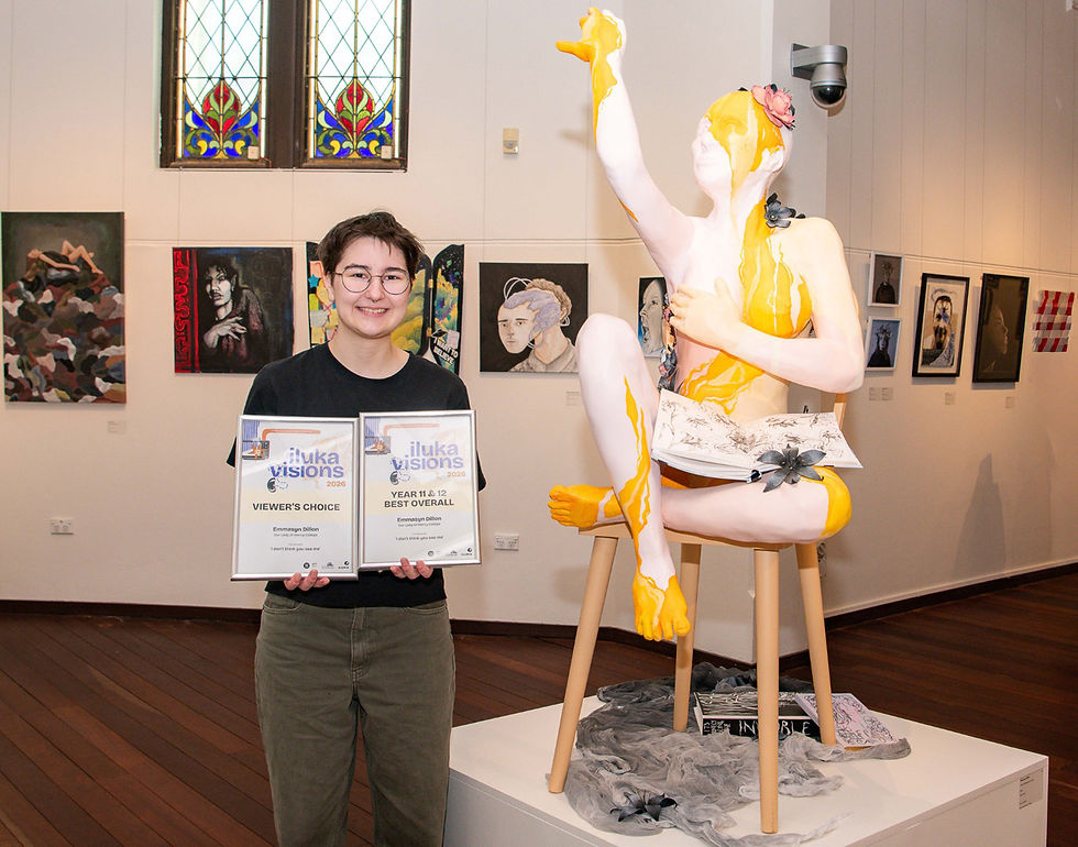 Emmasyn with her award-winning artwork, I don't think you see me, which earned her the Year 11 & 12 Best Overall Award and Viewer’s Choice Award at Iluka Visions 2026.