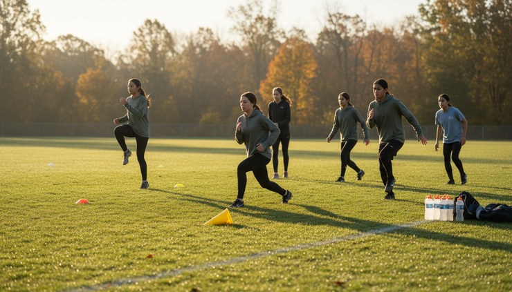 Wide-angle view of student athletes warming up on a fall sports field.