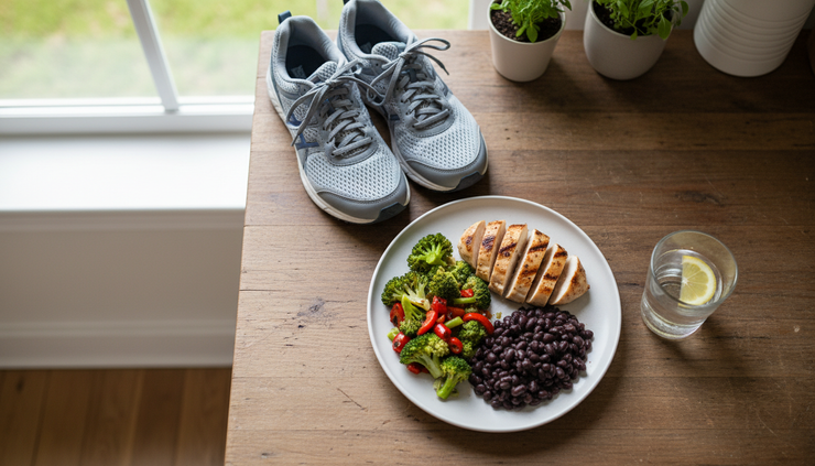 Overhead view of running shoes beside a simple meal with lean protein and vegetables