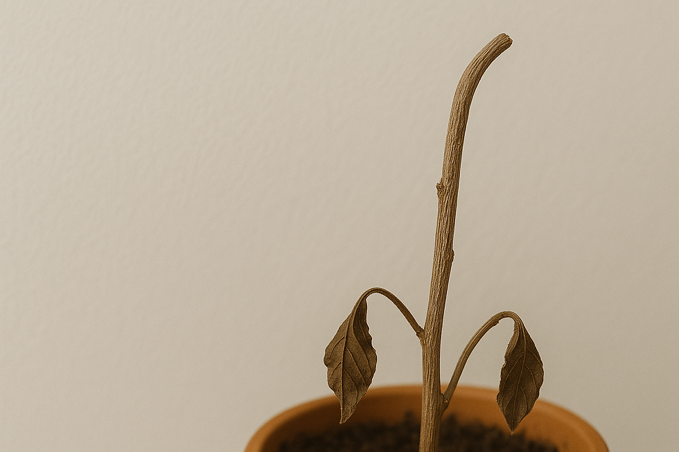 A potted plant with a dry but flexible stem and wilted leaves, illustrating how to check for plant dormancy using the snap test to see if the stem still has life.