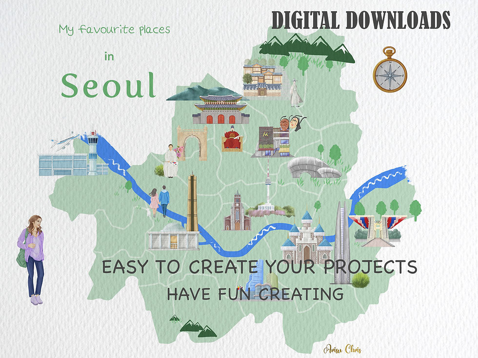 Thumbnail: Travel To Seoul, South Korea Clipart and map Creation kit, PNG, SVG Clipart, Map