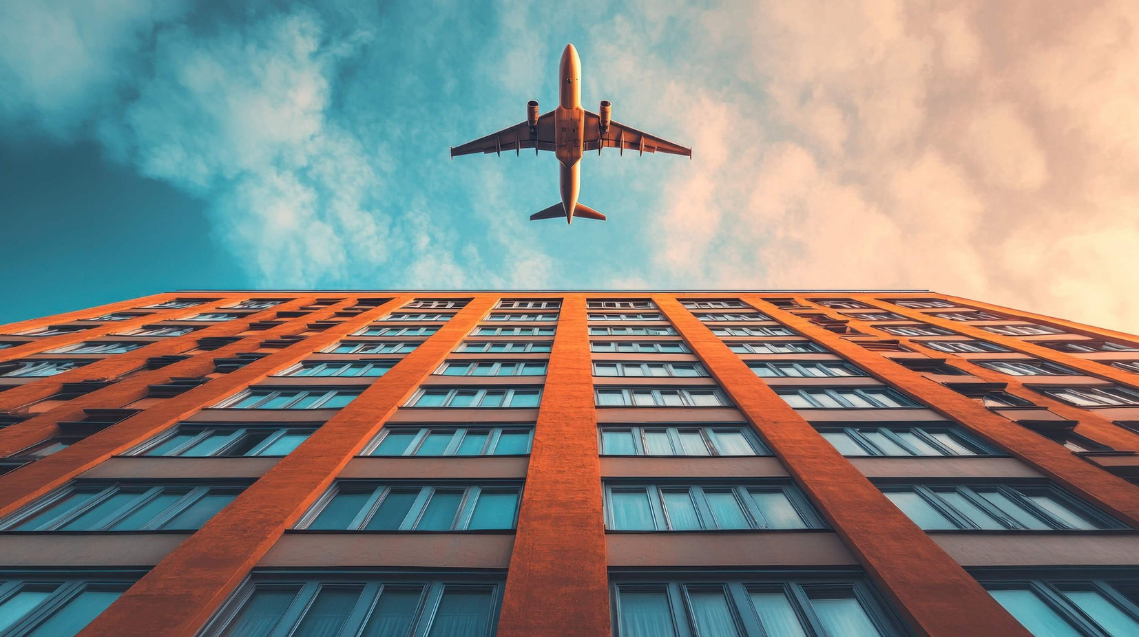 Plane flying over buildings