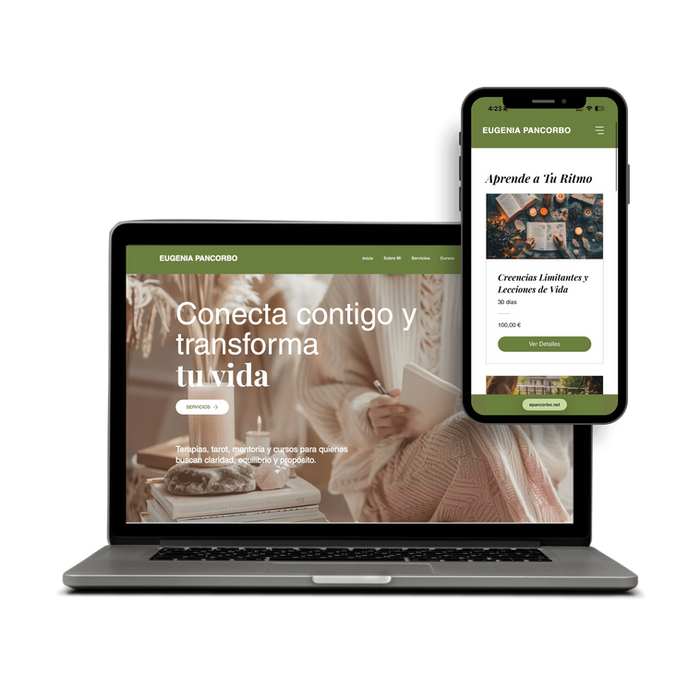 Website mockup design for Eugenia Pancorbo, a spiritual coach and energy healer, featuring an elegant and calming layout that conveys balance and transformation.