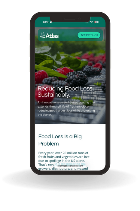Website mockup for Atlas agtech startup, featuring a clean, modern design that highlights seaweed-based innovation, food sustainability, and scientific impact.