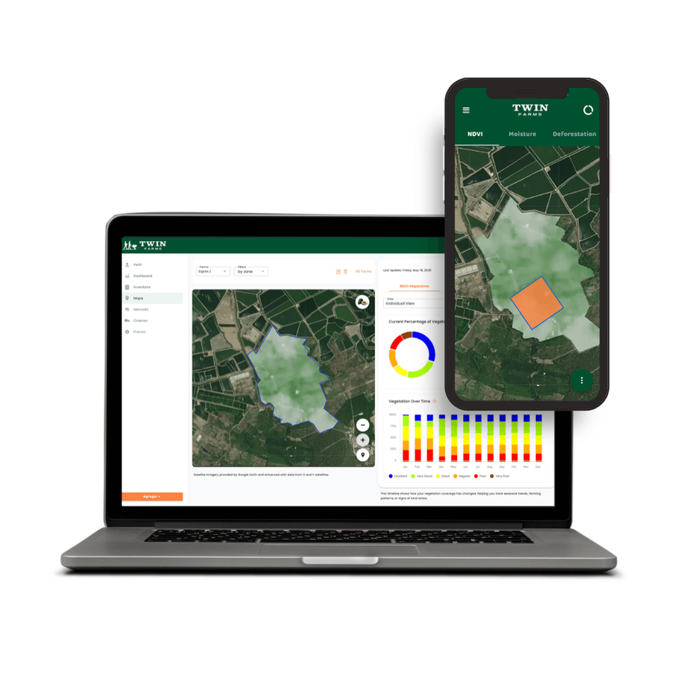 Digital farm map mockup for Twin Farms, showcasing satellite mapping, farm boundaries, field visualization, and agricultural property management capabilities.