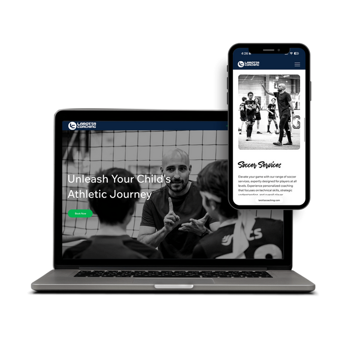 Website mockup for Larotta Coaching featuring a bold, athletic layout that highlights personal training, youth development, and a values-driven approach to sports mentorship.