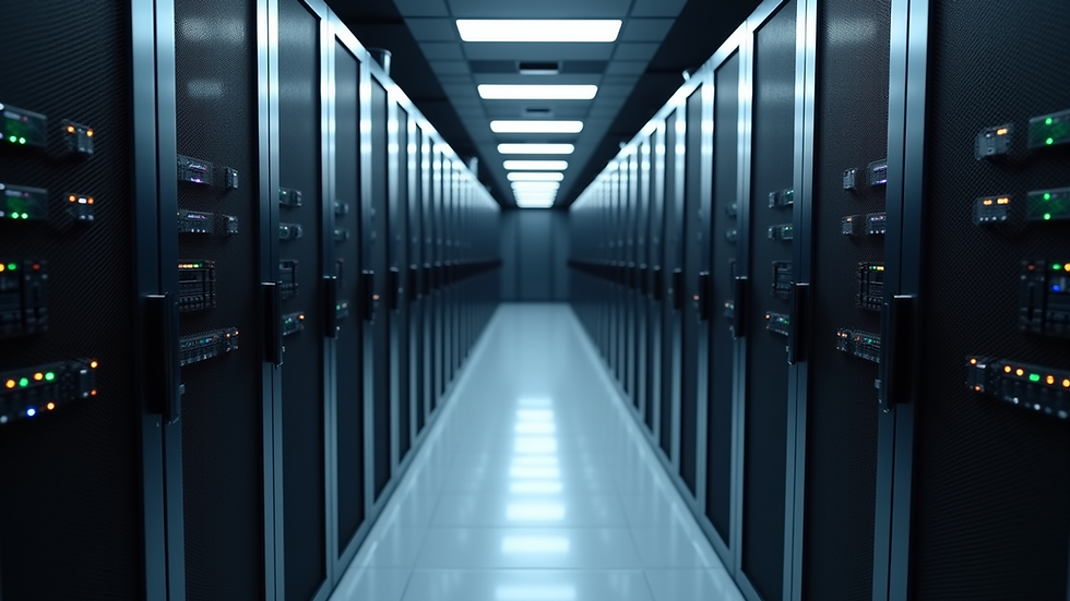 High angle view of a server room with network equipment racks