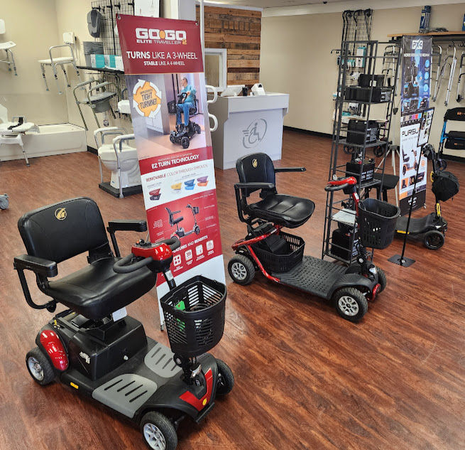 Close-up view of a power scooter’s control panel and handlebars