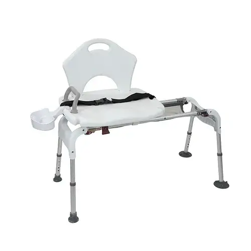 Eye-level view of the Vive Sliding Transfer Bench installed in a bathroom