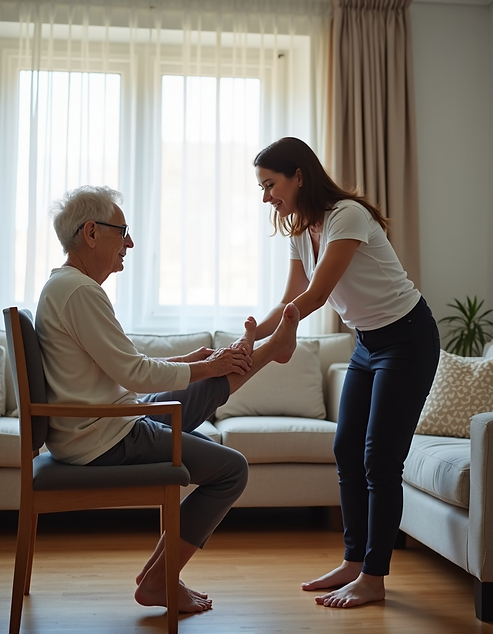 A physical therapist guiding a senior through gentle leg exercises in a well-lit living ro