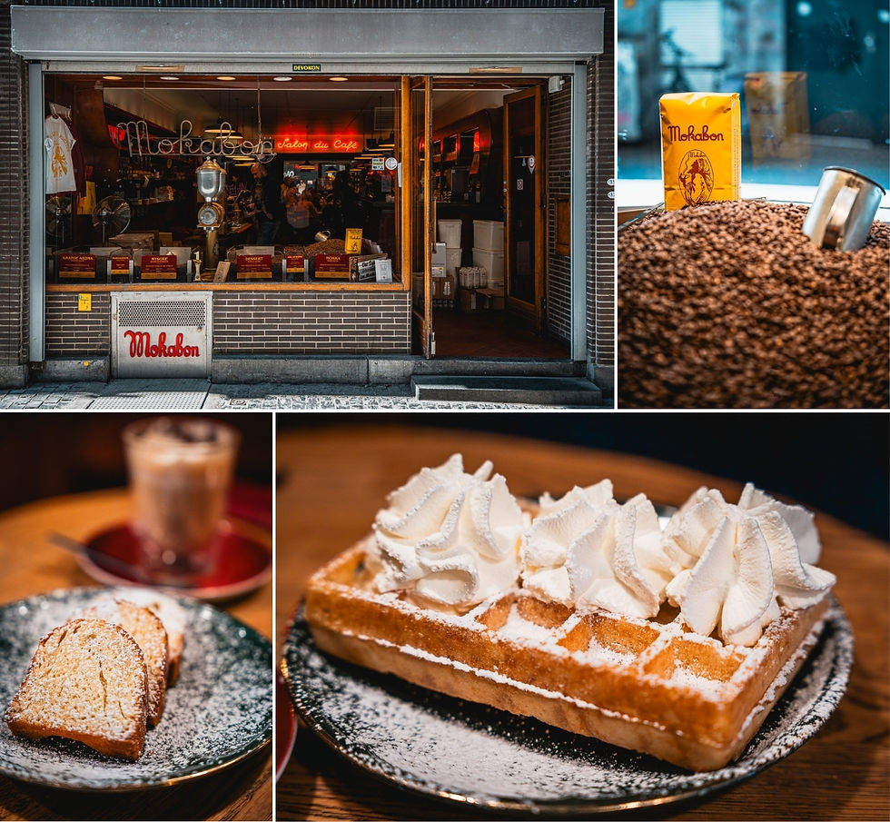 Coffee shop with "Mokabon" sign, roasted beans, and cakes. Waffle topped with cream and cake slices on plates. Warm, inviting atmosphere.