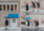 Greek guards in traditional blue and red uniforms perform ceremonial march near a white building with blue accents; historical backdrop.