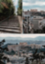 Stone stairs amid greenery, city buildings with Acropolis in distance, blue sky and sea with ships visible. Dramatic and historic mood.