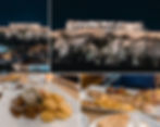 Night view of the Acropolis in Athens with city lights, paired with plates of Greek food including grilled meats and sliced potatoes.