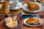 Four-image collage: Greek coffee, pistachio baklava, yogurt with pear and banana, and a toasted sandwich on a marble table at Mokka Specialty Coffee in Athens, Greece.