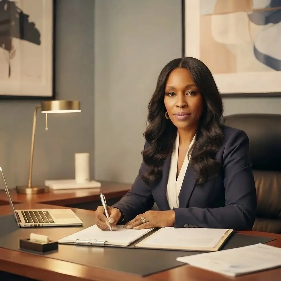 Studio photography of a professional Black woman writing at her desk in a modern office. She appears focused and composed.