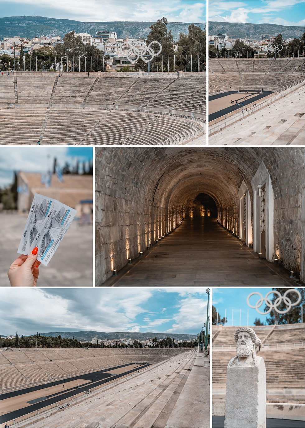 Ancient stadium featuring stone seats, Olympic rings, historic statue, and arched tunnel; a hand holds tickets. Sky is blue with clouds.