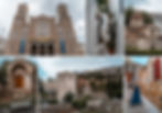 Collage of Athens: a cathedral facade, narrow alley, Byzantine church, ancient ruins, and a woman in blue dress on rustic steps under cloudy sky.