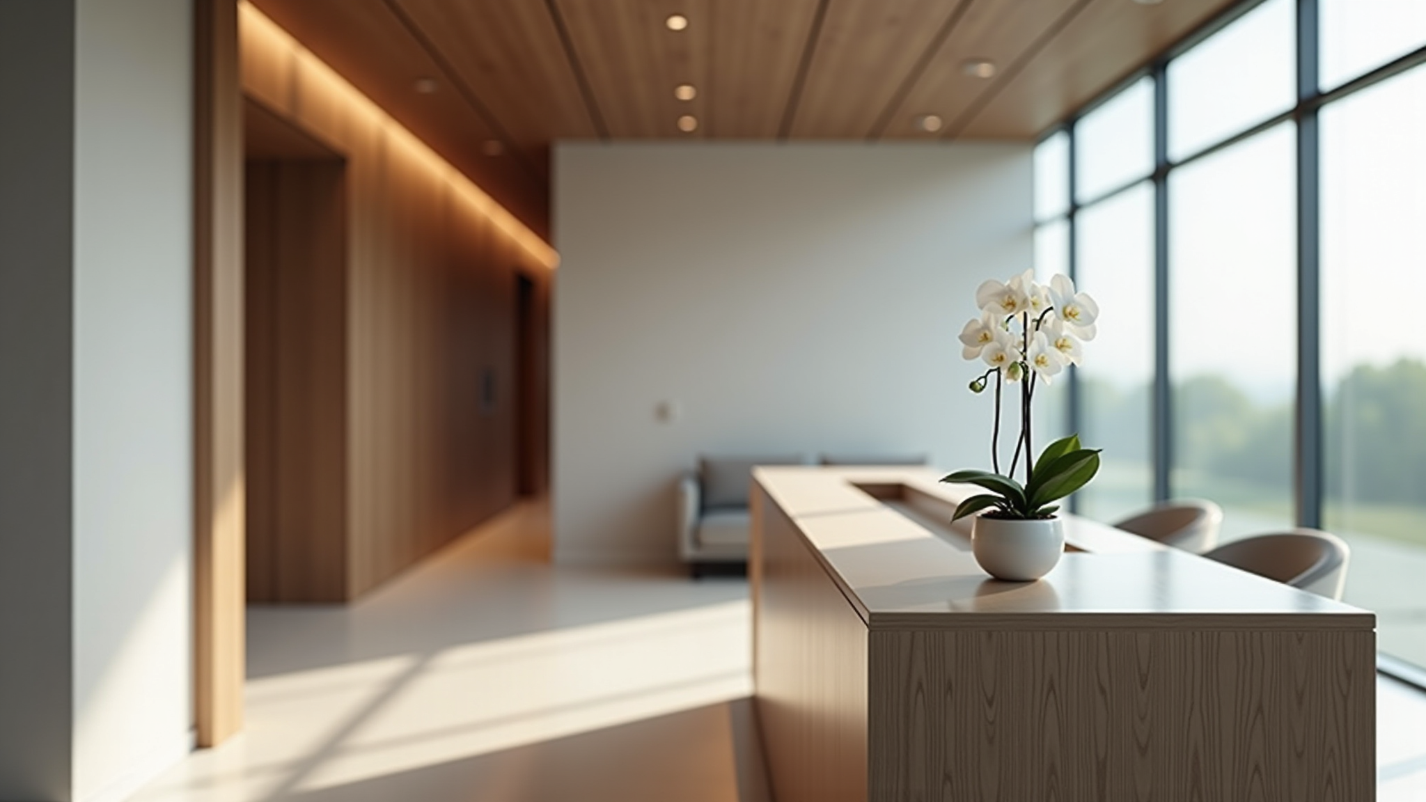 spa like office with windows and orchid on table