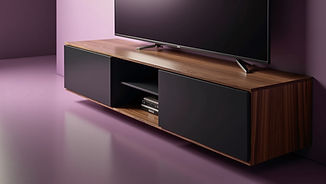 Modern media console with flat-screen TV and calibrated soundbar—high-fidelity audio system setup by Bars & Tones AV, Pasaden