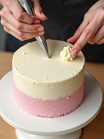 aker’s hands starting buttercream decorative finish on a cake