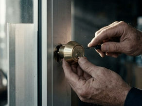 a locksmith changing the lock cylinder on an aluminum glass storefront door