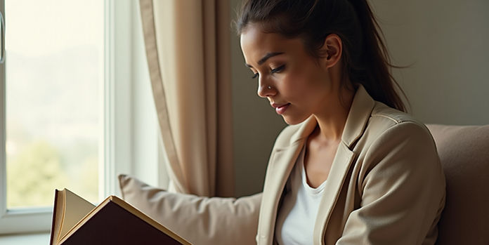A young girl reads quietly, lost in a book from Al Abbas Books, immersed in a world of knowledge.