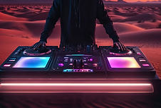 A highly realistic music video frame showcasing a dubstep DJ performing in a dramatic dese