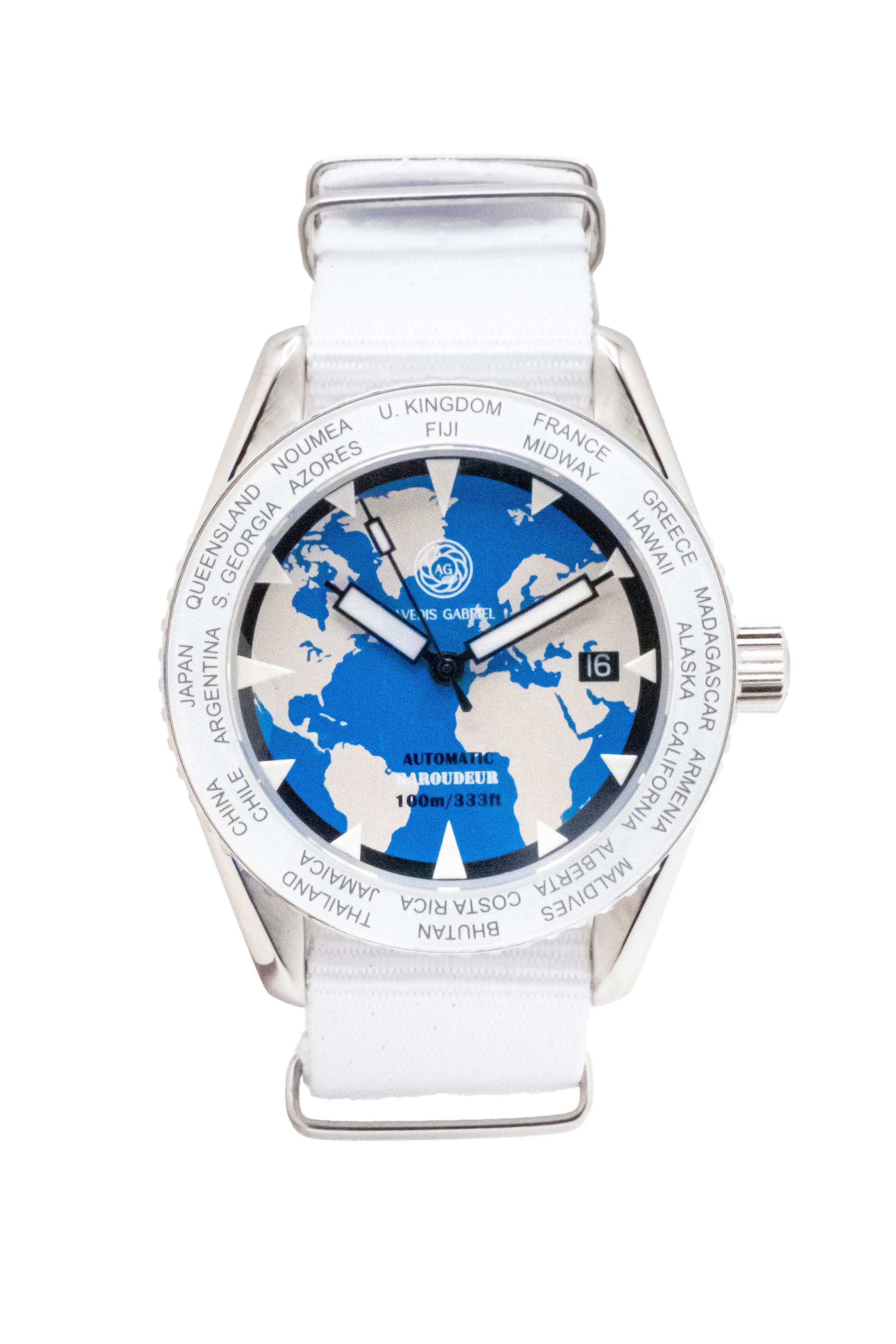 Avedis Gabriel "Baroudeur" watch with white rotating bezel and world map dial and white NATO strap