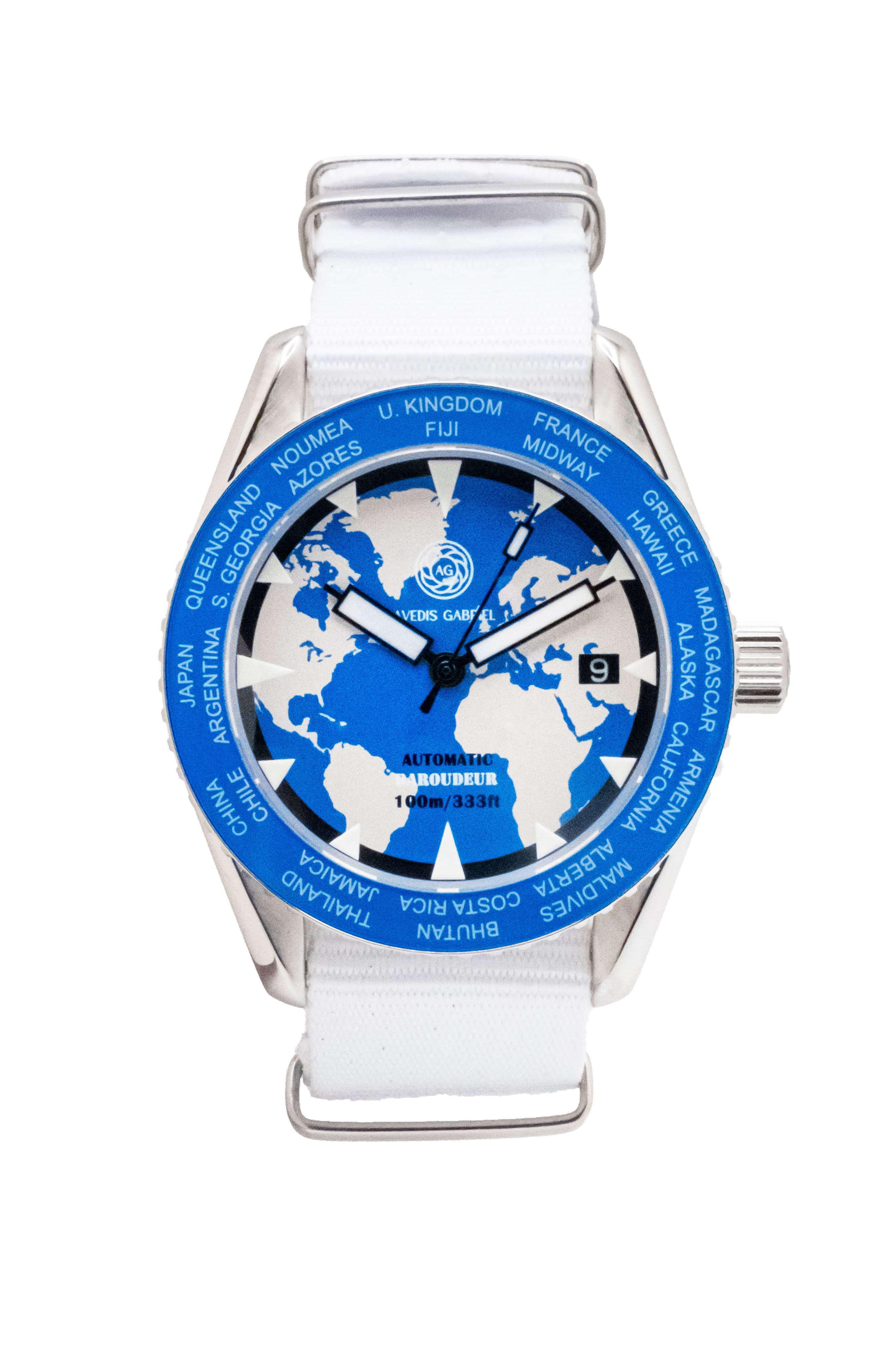 Avedis Gabriel "Baroudeur" watch with blue rotating bezel and world map dial and white NATO strap