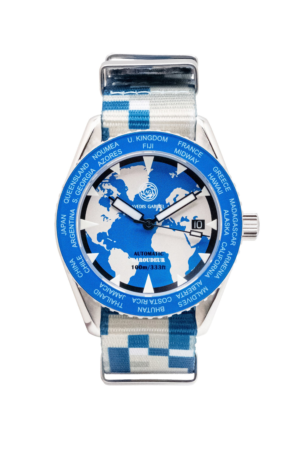 Thumbnail: Avedis Gabriel "Baroudeur" watch with blue rotating bezel and world map dial and camo white NATO strap
