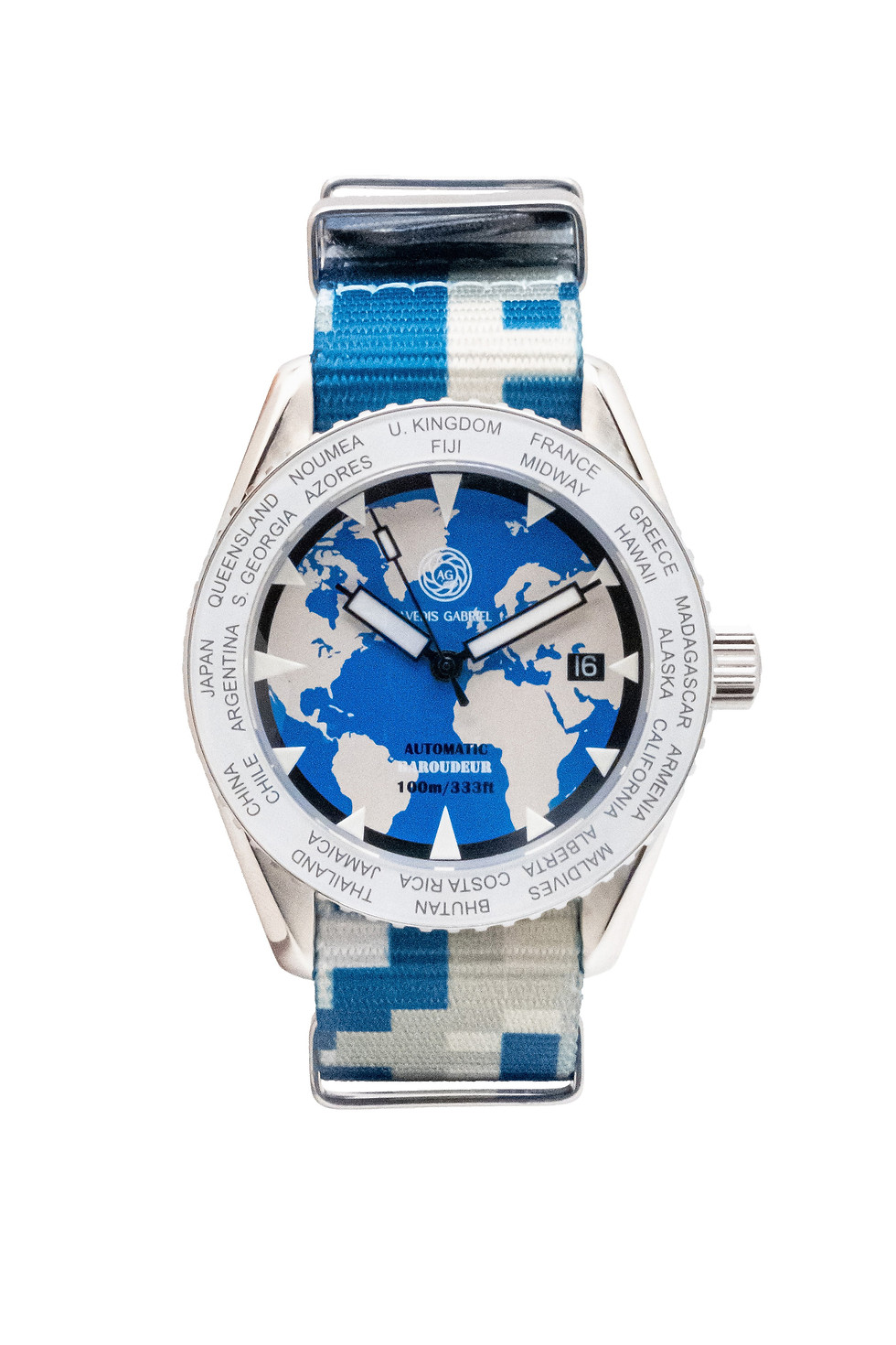 Thumbnail: Avedis Gabriel "Baroudeur" watch with white rotating bezel and world map dial and camo blue NATO strap