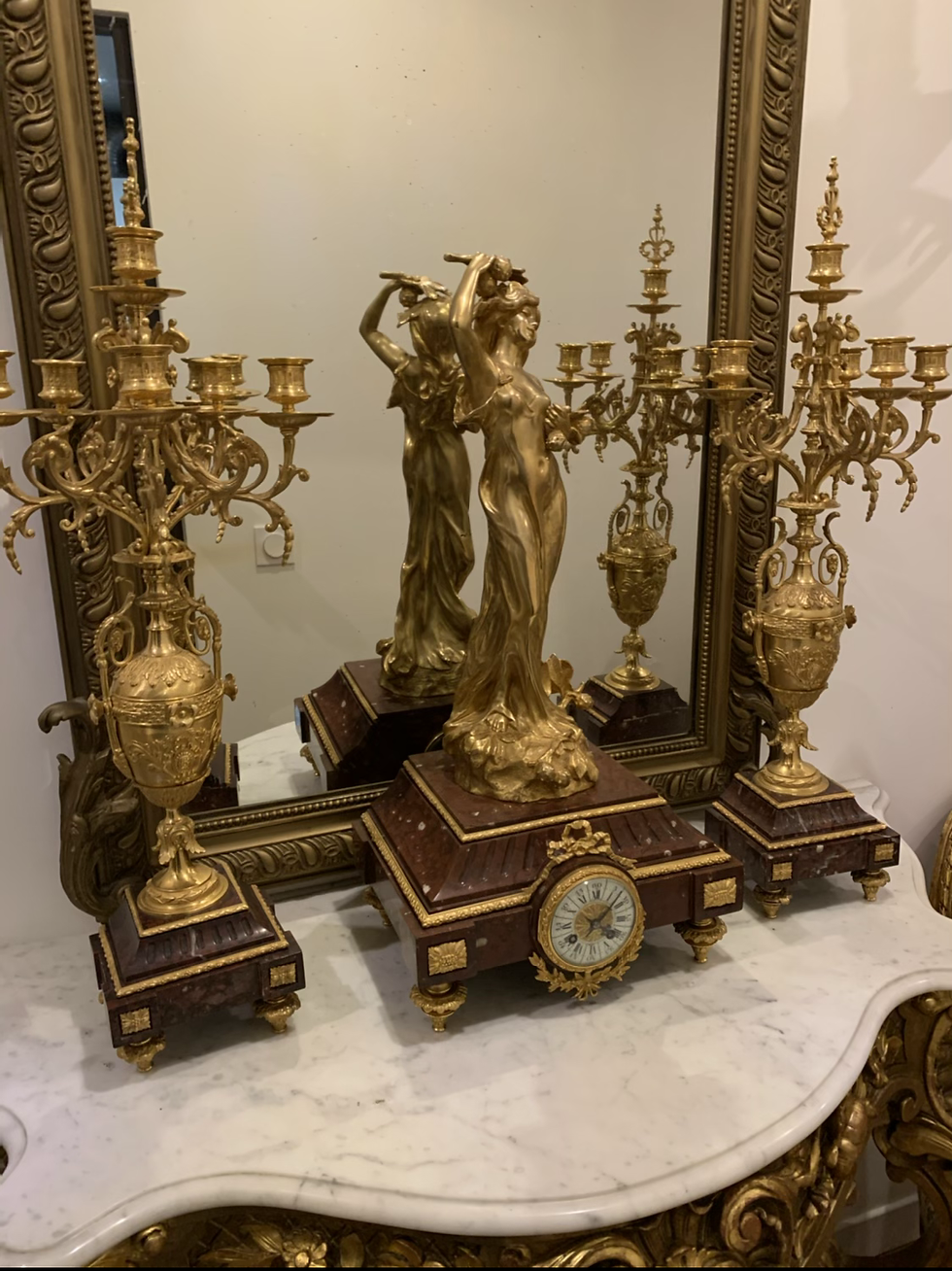 Miniature : Garniture de cheminée en bronze et  marbre rouge 