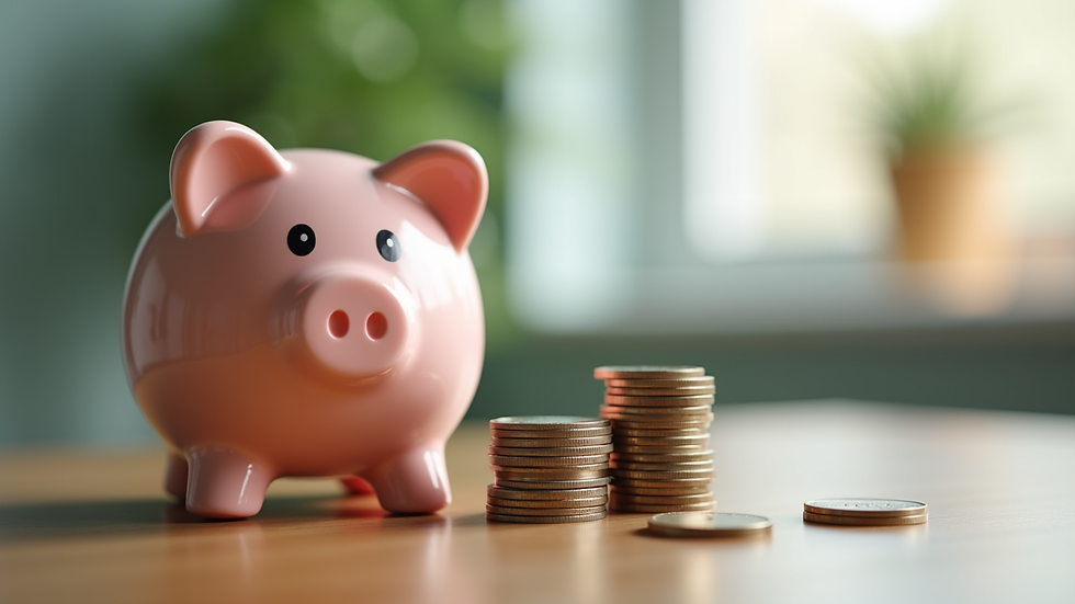 Eye-level view of a piggy bank with coins stacked beside it