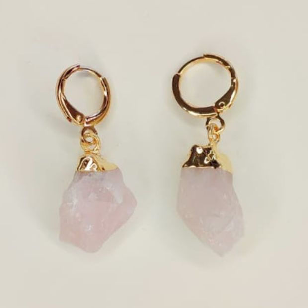 Miniatura: Pingente Brincos Quartzo Rosa Bruto com Chapéu Dourado  / Prata - Semijoia cristal pedras naturais