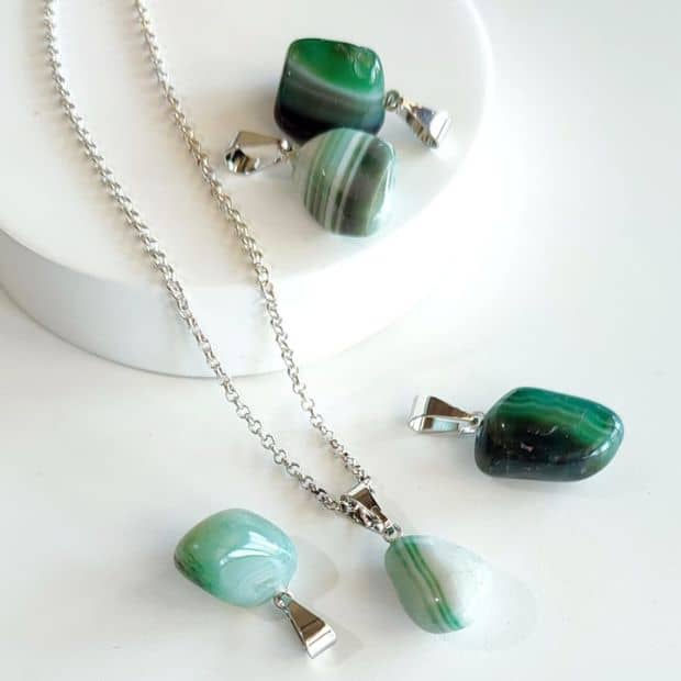 Pingente Ágata Verde Prateada Rolado Sem Chapéu - Semijoia Pedra cristal natural