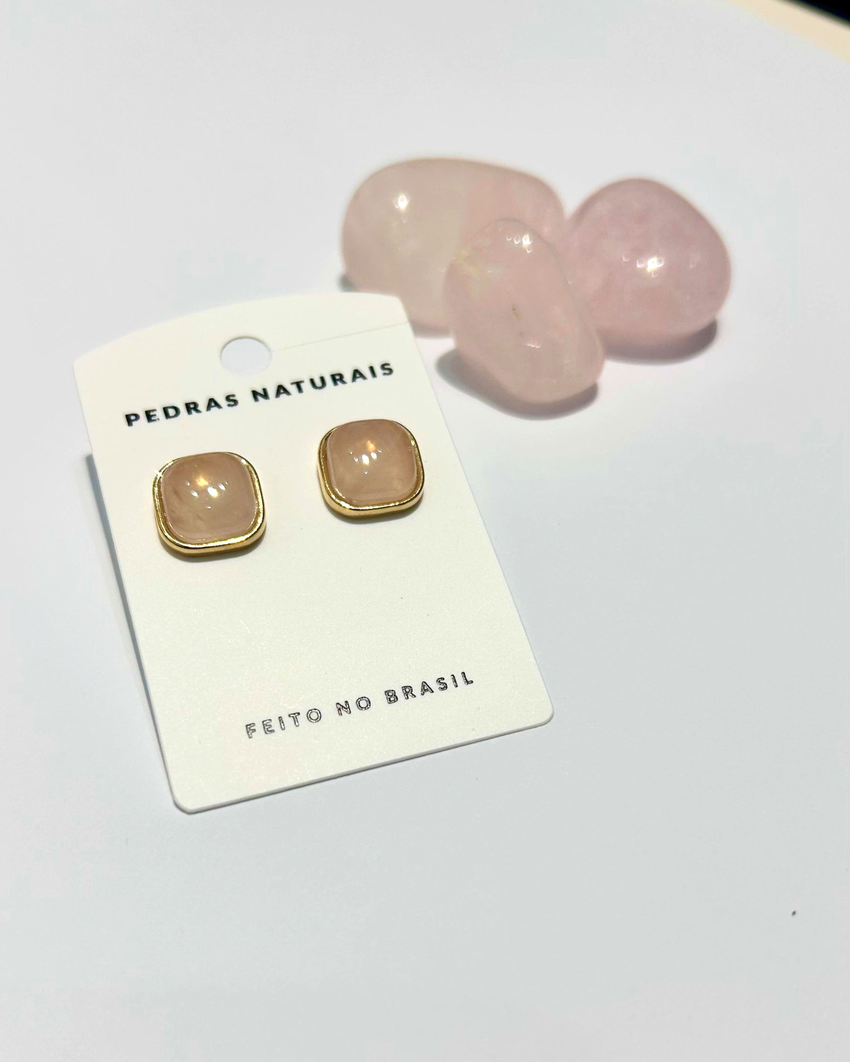 Brincos Quartzo Rosa Possebon Folheados