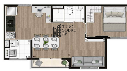 Planta baixa com moveis de apartamento com 1 dormitório, sala de estar, cozinha e área de serviço. Layout otimizado