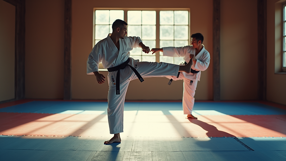 High angle view of a karate student practicing a front kick in a dojo