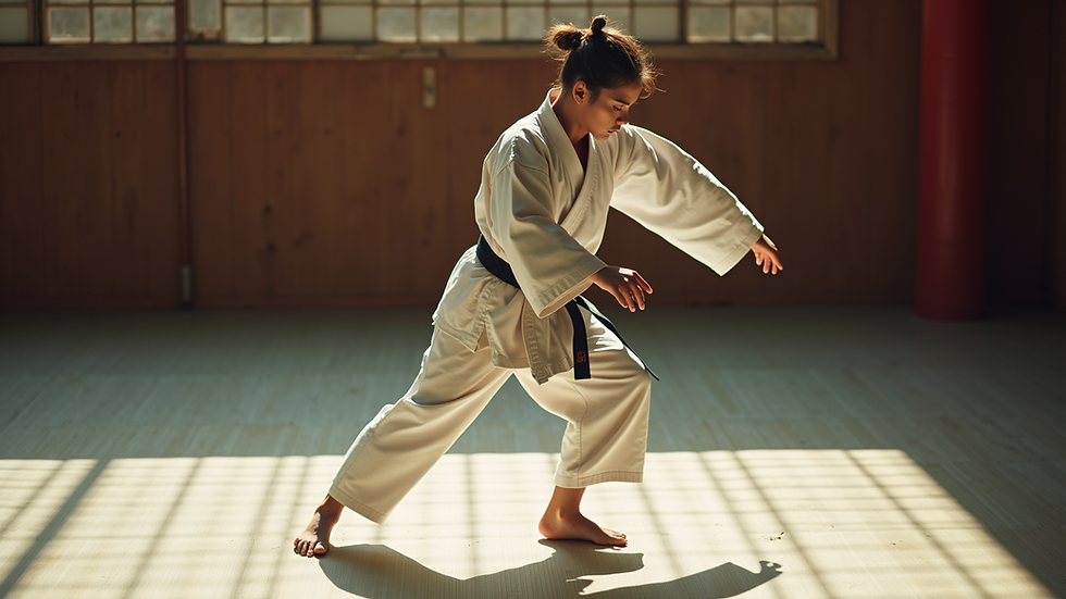 High angle view of a karate student practicing Ashihara Karate footwork drills