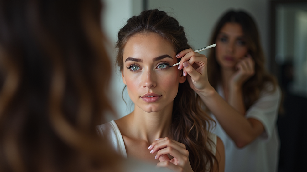 Close-up view of an actor preparing for a headshot session with makeup and wardrobe