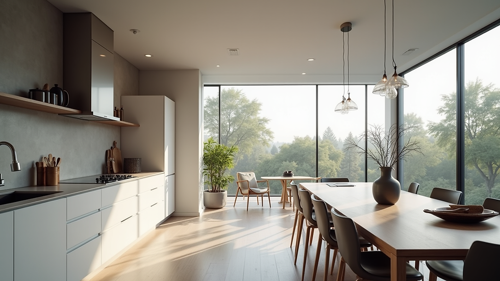 Wide angle view of a modern kitchen with sleek design